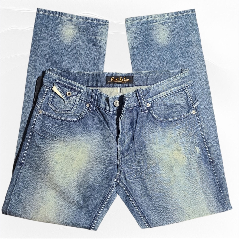 Rivet De Cru Men Distressed Denim Pants Mae Fit Relaxed Straight Leg Size 36